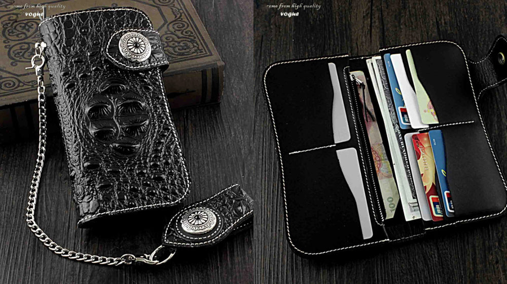 Black Leather Biker Wallet, Crocodile Texture Long Bifold Biker Wallet, Leather Motorcycle Wallet, Trucker Wallets with Chains