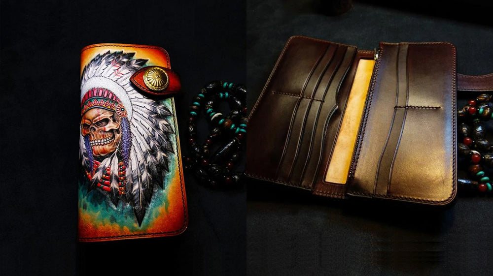 Handmade Tooled Leather Biker Wallet, Indian Chief Long Bifold Biker Wallet, Skull Leather Biker Wallet, Badass Motorcycle Wallets