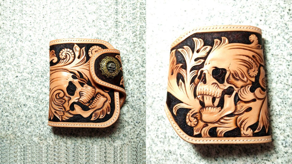 Handmade Leather Small Biker Wallet, Billfold Bifold Biker Wallet, Leather Biker Chain Wallet, Tooled Skull Biker Wallets