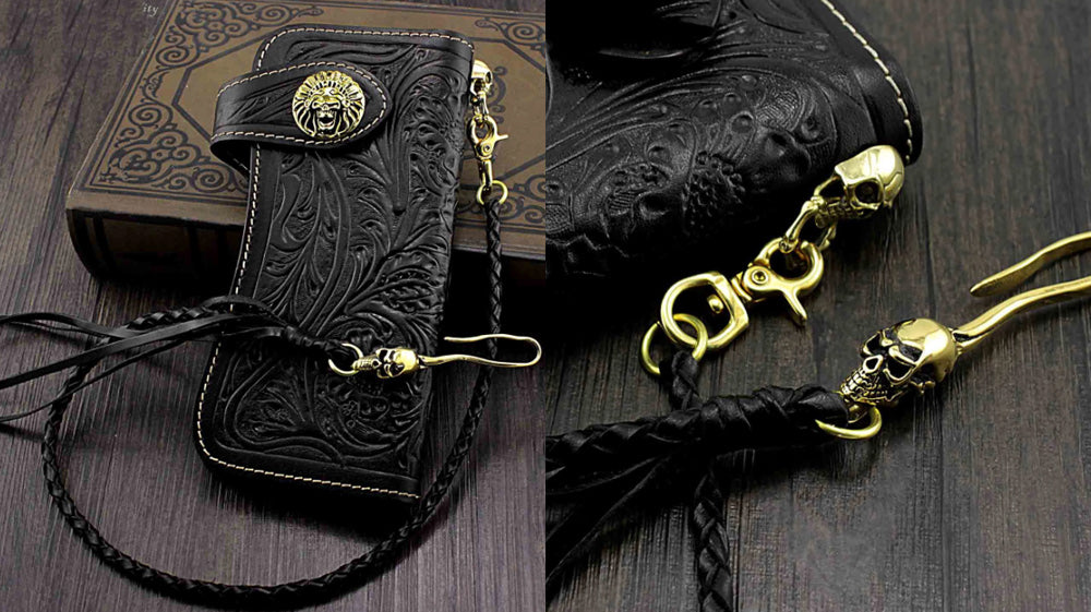 Handmade Leather Biker Wallet, Long Bifold Biker Wallet, Tooled Floral Black Leather Biker Wallet, Black Trucker Wallets with Chains