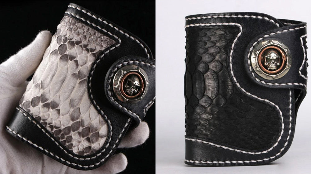Handmade Snake Skin Biker Wallet, Small Bifold Biker Wallet, Small Leather Biker Wallet, Black Trucker Wallets with Chains