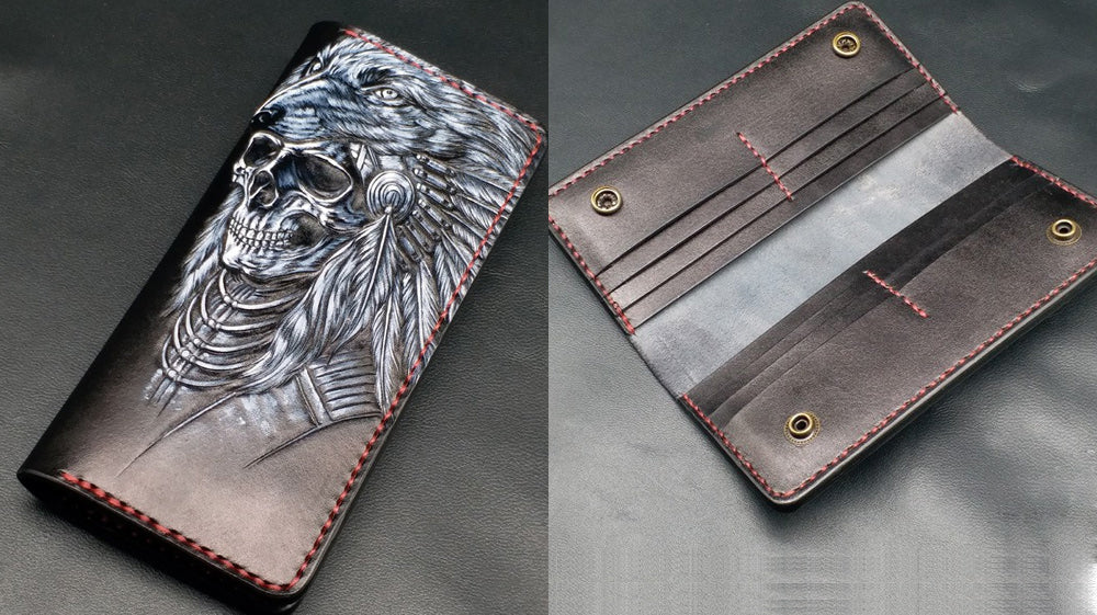 Handmade Tooled Leather Biker Wallet, Skull Biker Wallet, Indian Chief Leather Biker Wallet, Badass Long Trucker Wallets