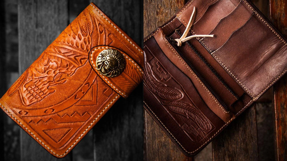 Handmade Leather Biker Wallet, Skull Long Bifold Biker Wallet, Tooled Leather Biker Wallet, Badass Motorcycle Wallets