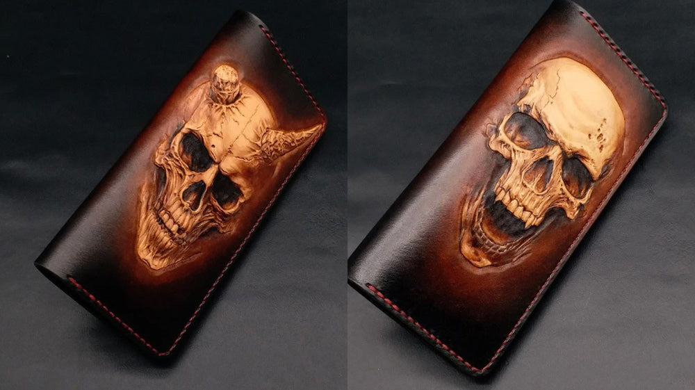Handmade Tooled Leather Biker Wallet, Skull Long Bifold Biker Wallet, Death Leather Biker Wallet, Motorcycle Wallets with Chain