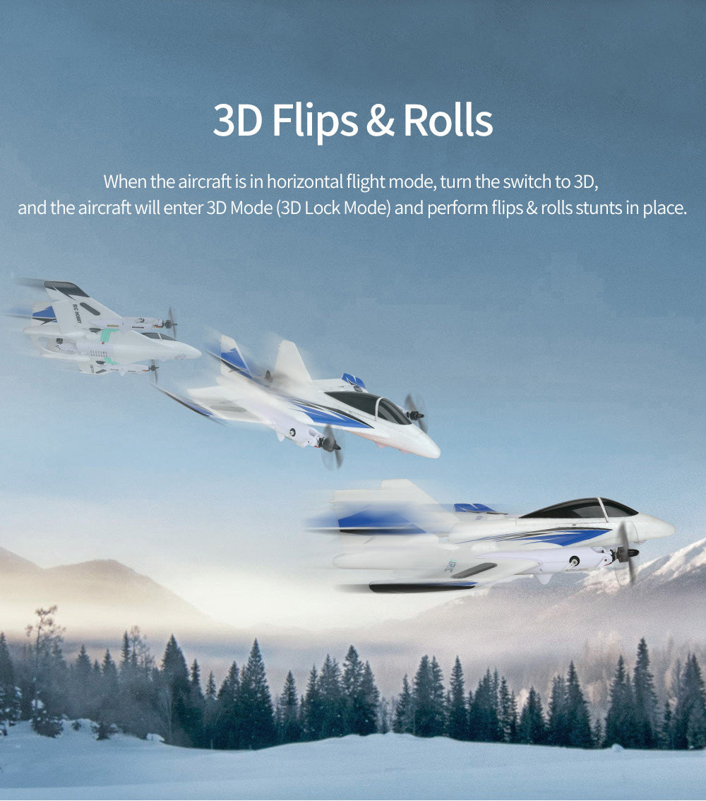 3D Flips Rolls ,When the aircraft is in horizontal fight mode, turn the switch to 3D,and the aircraft will enter 3D Mode(3DLock Mode) and perform fips rolls stunts in place.