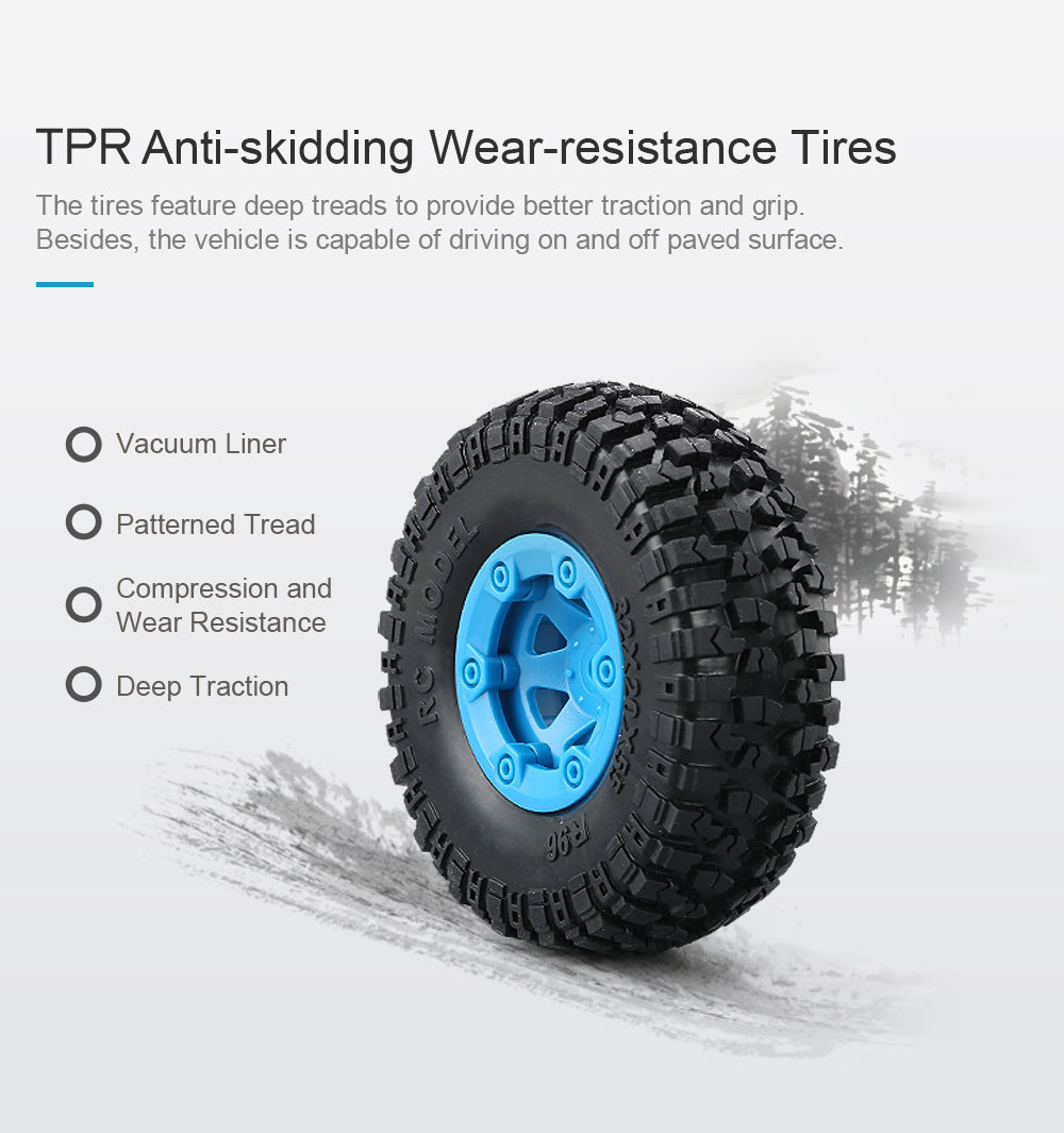 TPR Anti-skidding Wear-resistance	Tires,The tires feature deep treads to provide better traci on and grip.Besides£¬ the vehicle is capable of driving on and off paved surface.               Vacuum Liner