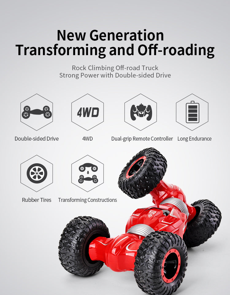 New Generation Transforming and Off-roading RockClimbing Off-road Truck Strong Power with Double-sided Drive,Double-sided Drive	4WD	Dual-grip Remote Controller	Long Endurance Rubber Tires	Transforming Constructions