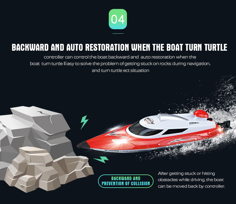 BACKWARD AND AUTO RESTORATION WHEN THE BOAT TURN TURTLE£¬controller can control the boat backward and auto restoration when the boat tum turtle Easy to solve the problem of getting stuck on rocks during navigation£¬and tu mn turtle ect situation