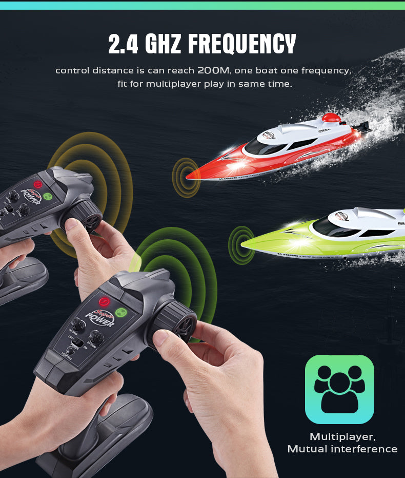 2.4GHZ FREQUENCY,control distance is can reach 200M, one boat one frequency,fit for multiplayer play in same time.