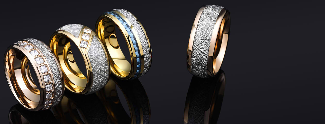 King Will Meteor Mens 8mm Titanium Rose Gold//Silver//Blue Domed Imitated Meteorite Wedding Band Cubic Zirconia