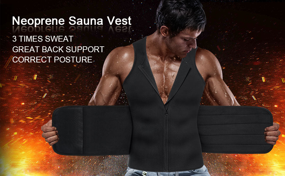 Black Hot Neoprene Sauna Front Zipper Tank Top With Adjustable Velcro for Men - Nebility