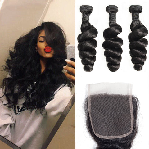 Brazilian Hair Weave Bundle With Closure Remy Human Hair 3 Bundles With Closures Loose Wave