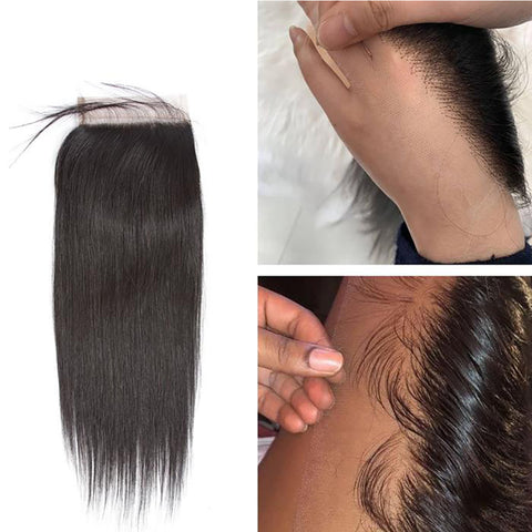 4x4" HD Swiss Lace Closure Pre Plucked With Baby Hair Brazilian Straight Virgin Hair