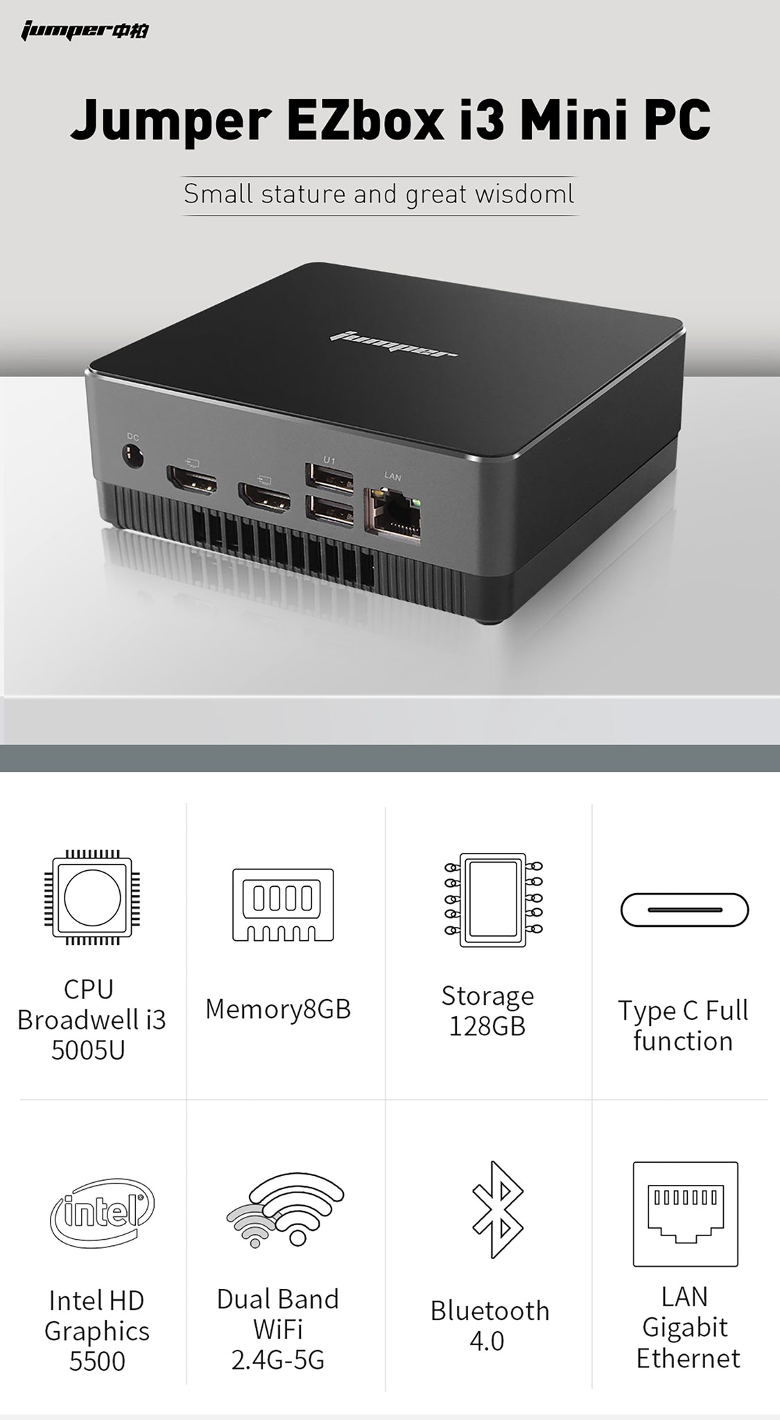 Jumper EZbox i3 Intel Broadwell-U i3-5005u processor/VESA Mount/8G