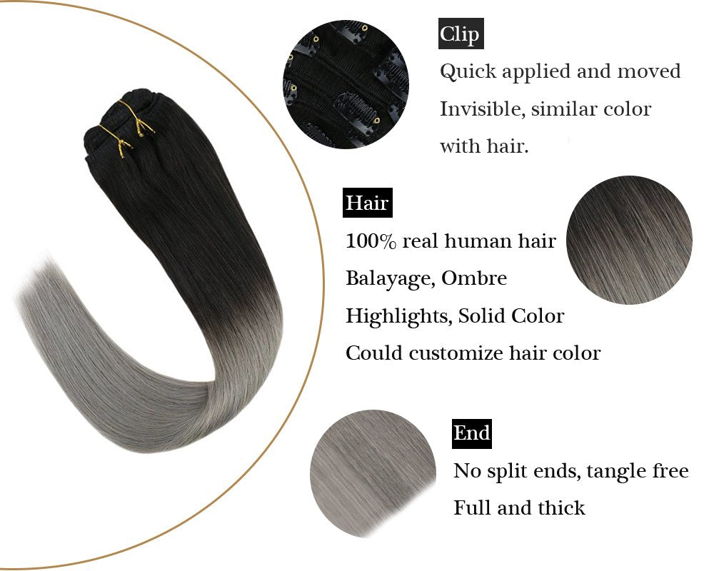 Ombre Clip in Natural Hair Extensions Balayage Black with Grey