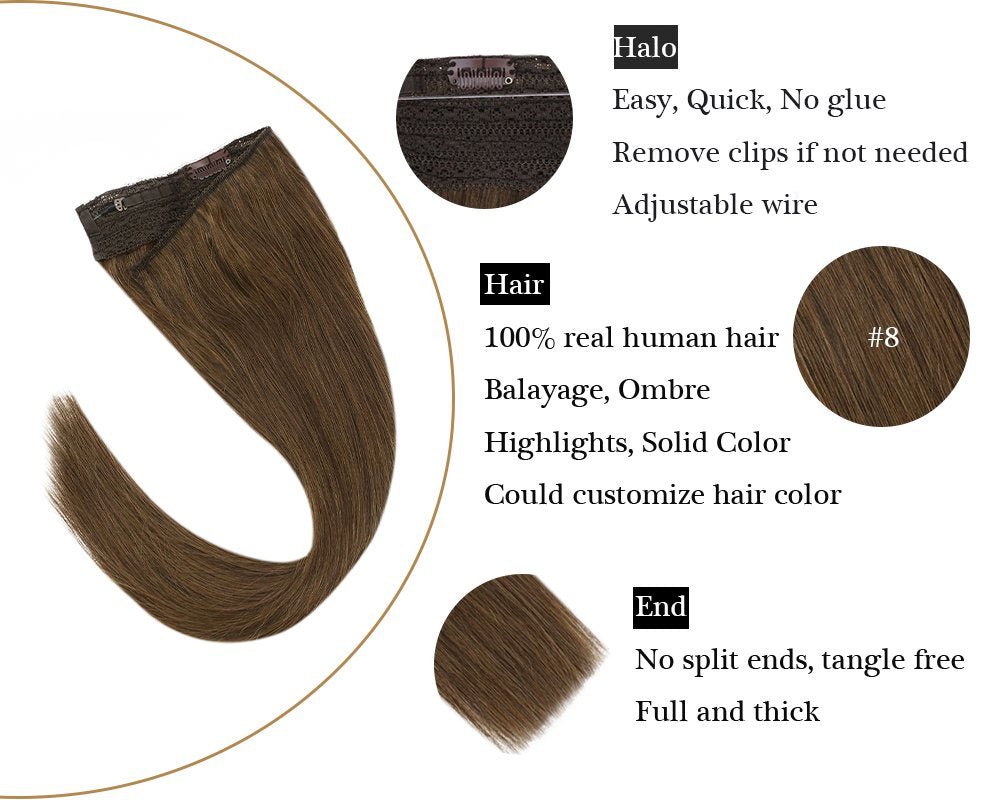 100% Remy No Glue Halo Human Hair Extensions Silky Straight Light Brown