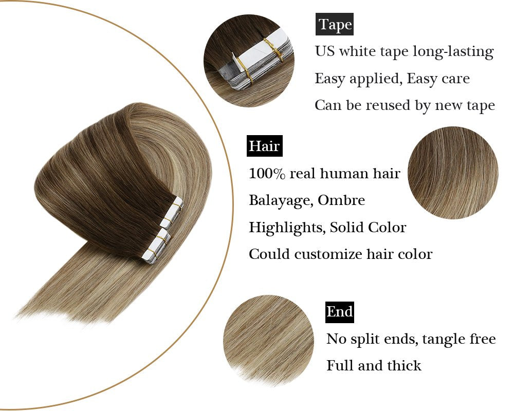 Balayage Brown Mixed Blonde 100% Human Tape in Hair Extensions