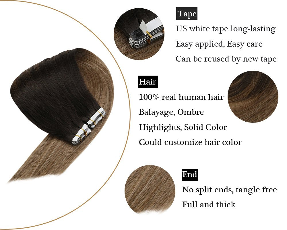 Tape in 100% Human Hair Extensions Balayage Darkest Brown To Ash Blonde