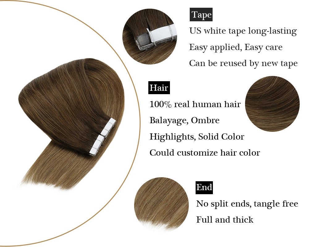 Balayage Brown Mixed Dark Ash Blonde Human Tape in Hair Extensions Skin Weft