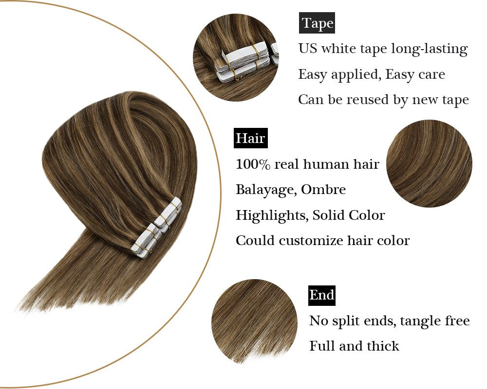 Remy Tape in Hair ExtensionsSkin Weft Brown with Blonde Highlights