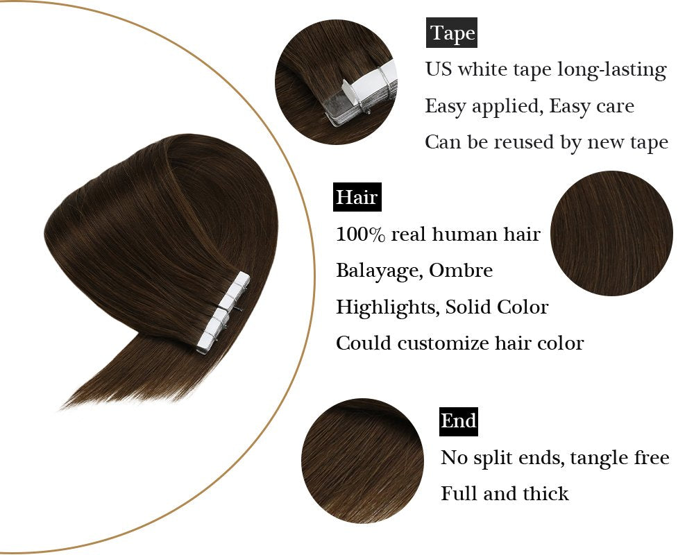 Chocolate Brown Human Tape in Hair Extensions Dark Brown