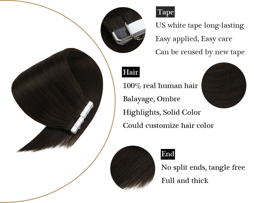 Darkest Brown Human Tape in 100% Hair Extensions