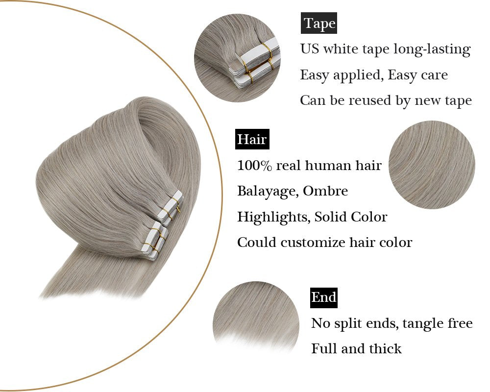 100% Human Tape in Grey Hair Extensions Skin Weft