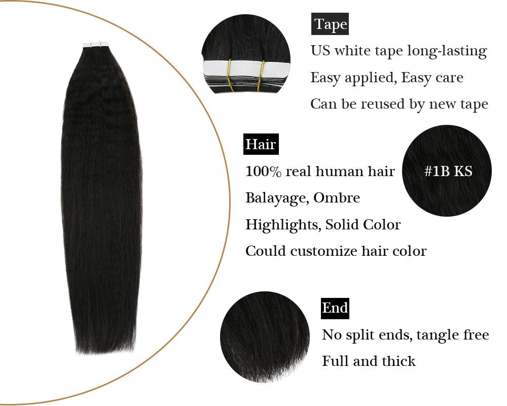 Kinky Straight Tape in Natural Black  Human Hair Extensions