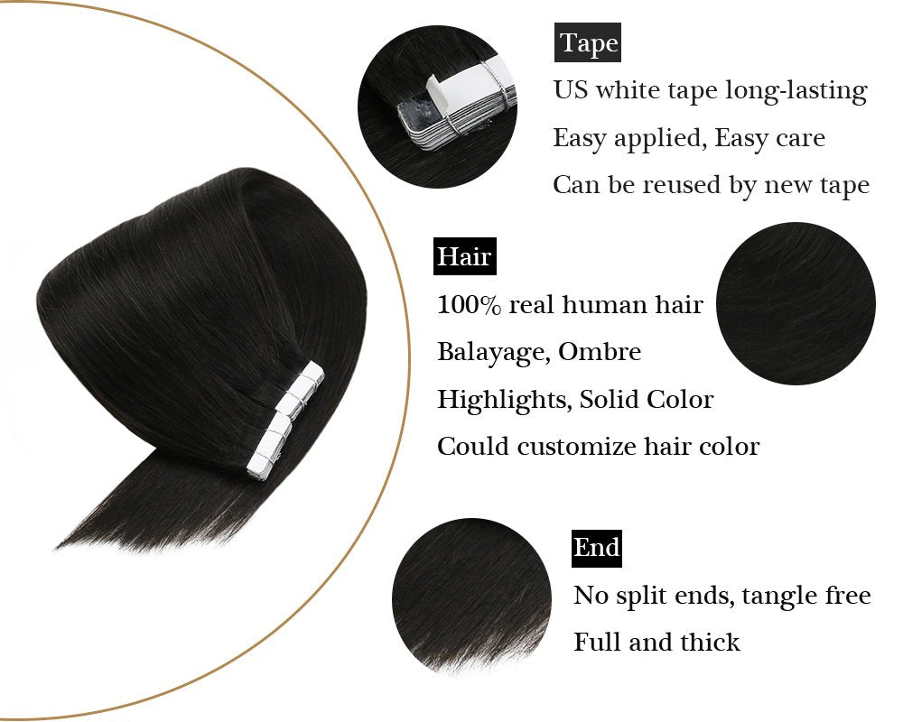 100% Human Tape in Hair Extensions Skin Weft Natural Black Color