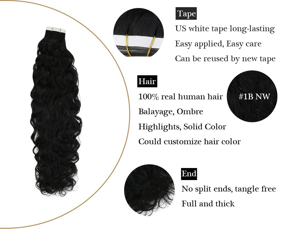 Tape in Natural Black  Human Hair Extensions Natural Wave
