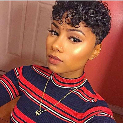 Flandi Short Pixie cut Curly Wigs for Black Women Short Cut Pin Curly Wigs  for Women Natural Black Looking Wavy Synthetic Hair Wigs Pixie Curly 1B#