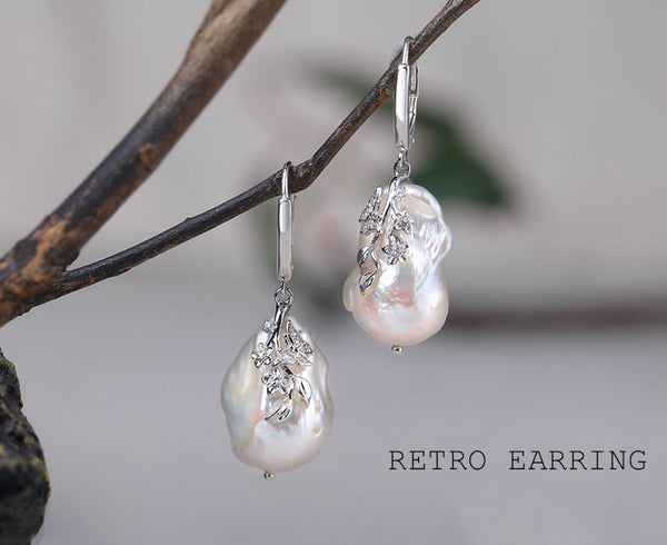 Natural Engraved Baroque Pearl Drop Earrings