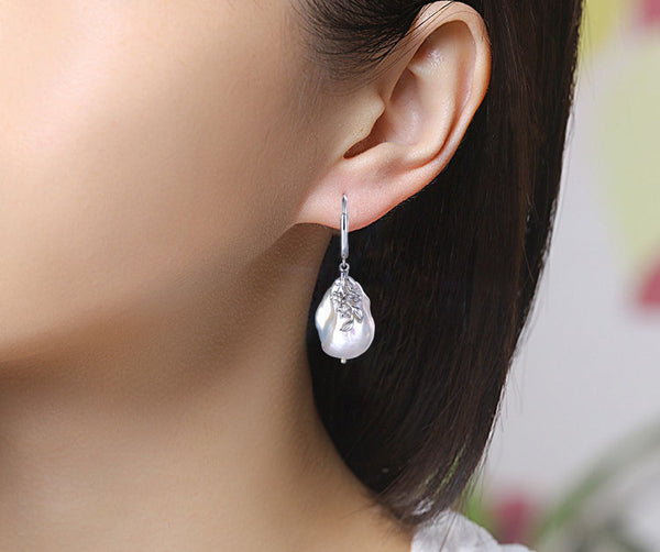 Natural Engraved Baroque Pearl Drop Earrings