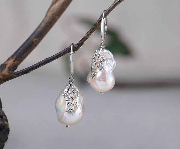 Natural Engraved Baroque Pearl Drop Earrings
