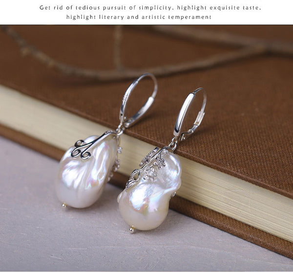 Natural Engraved Baroque Pearl Drop Earrings