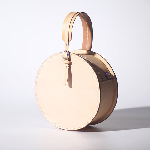 HANDMADE BEIGE LEATHER CIRCLE CROSSBODY BAG - ELEGANT ROUND PURSE