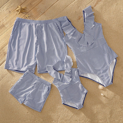 Blue stripe one piece swimsuits for family