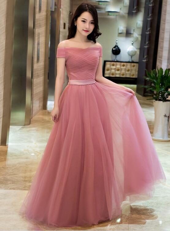 Dark Pink Tulle Off Shoulder Bridesmaid Dress, Long Party Gown