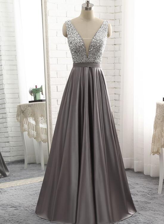 Grey Satin Long Beaded Junior Prom Dress, Beautiful Prom Gown