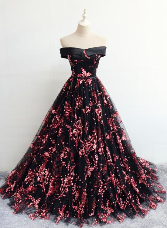 Black Floral Off Shoulder Lace-Up Formal Dress