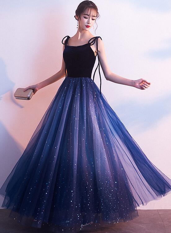 Blue Tulle With Velvet Straps Long Party Dress,