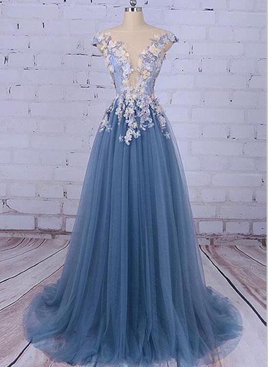 Charming Blue Floral Tulle Prom Dresses, Blue Formal Gowns, Tulle Evening Dresses