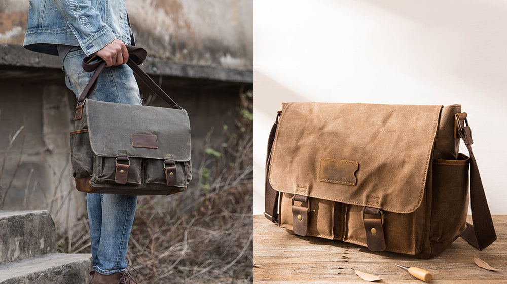 16'' Waxed Canvas Messenger Bags, Mens Vintage Waxed Canvas Laptop Shoulder Bag, Waxed Canvas Satchels Bag