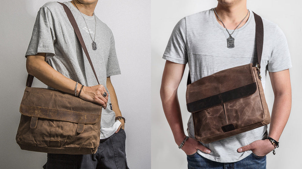 13'' Waxed Canvas Messenger Bags, Mens Coffee Waxed Canvas Laptop Shoulder Bag, Waxed Canvas Satchels Bag